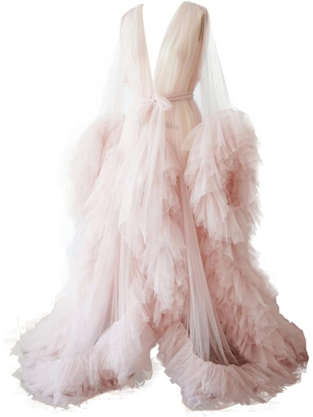 Pink Double Layer Tulle Ruffle Robe Puffy Sleeves Train Bridal Size L
